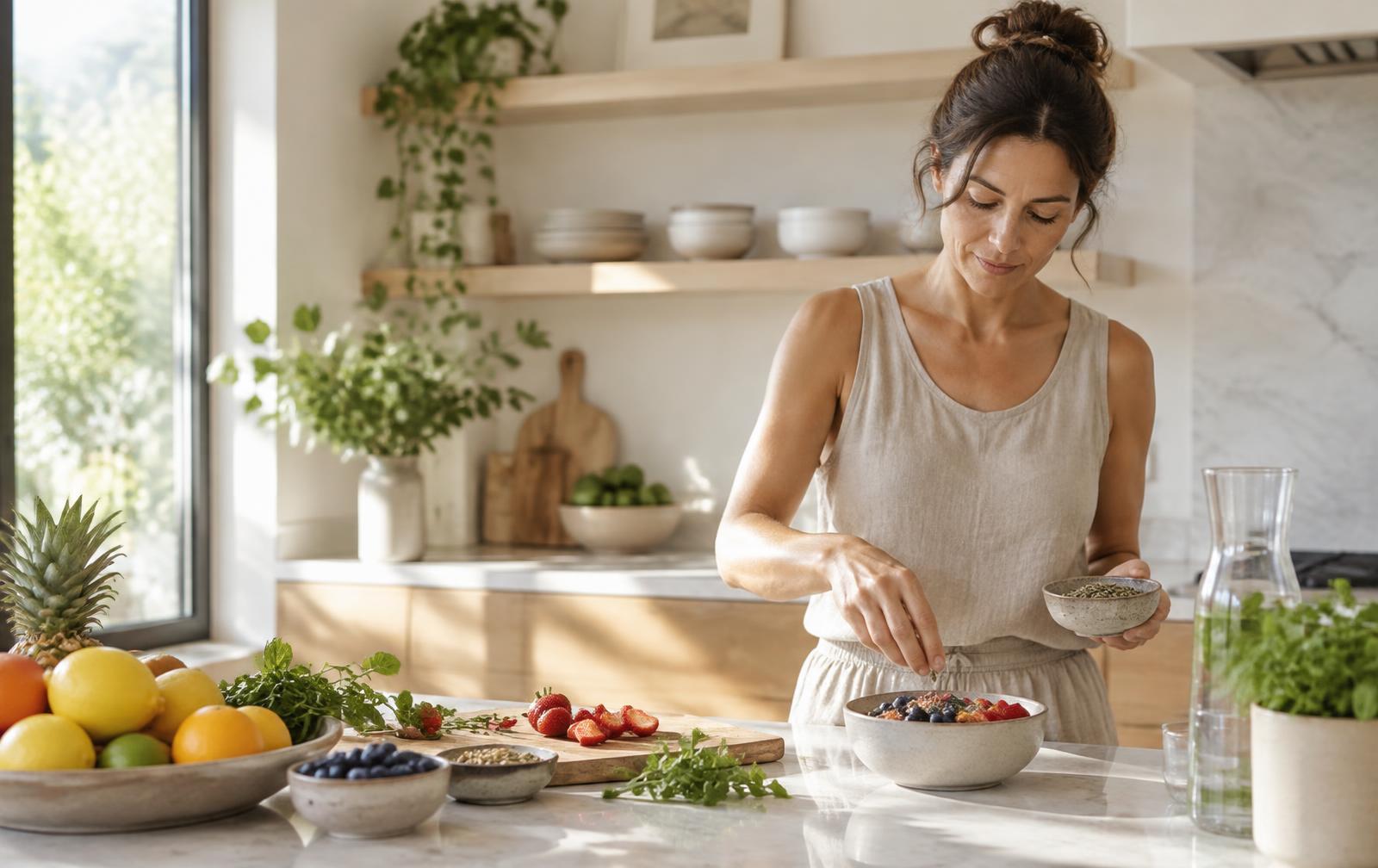 A woman preparing a nourishing breakfast in a sunlit kitchen