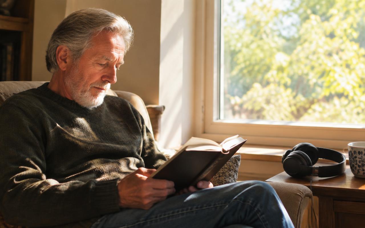 An older man reading by a sunny window with headphones nearby